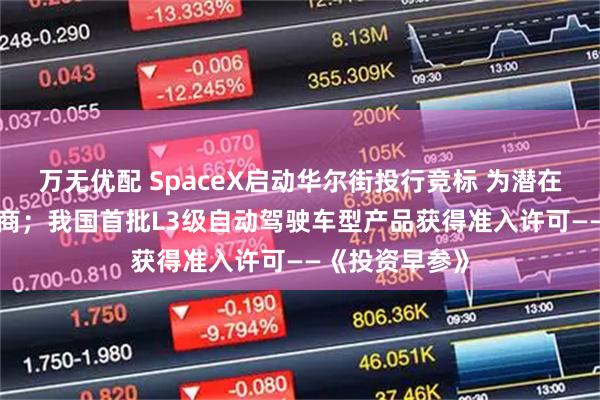 万无优配 SpaceX启动华尔街投行竞标 为潜在IPO甄选承销商；我国首批L3级自动驾驶车型产品获得准入许可——《投资早参》